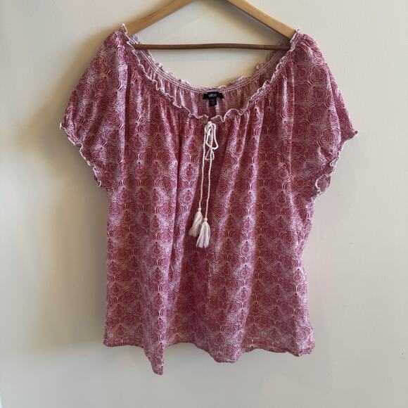 Ellos Peasant Blouse 1X 22/24 Apple Red Medallion Ruffle Trim Cap Sleeve Boho - Picture 5 of 12